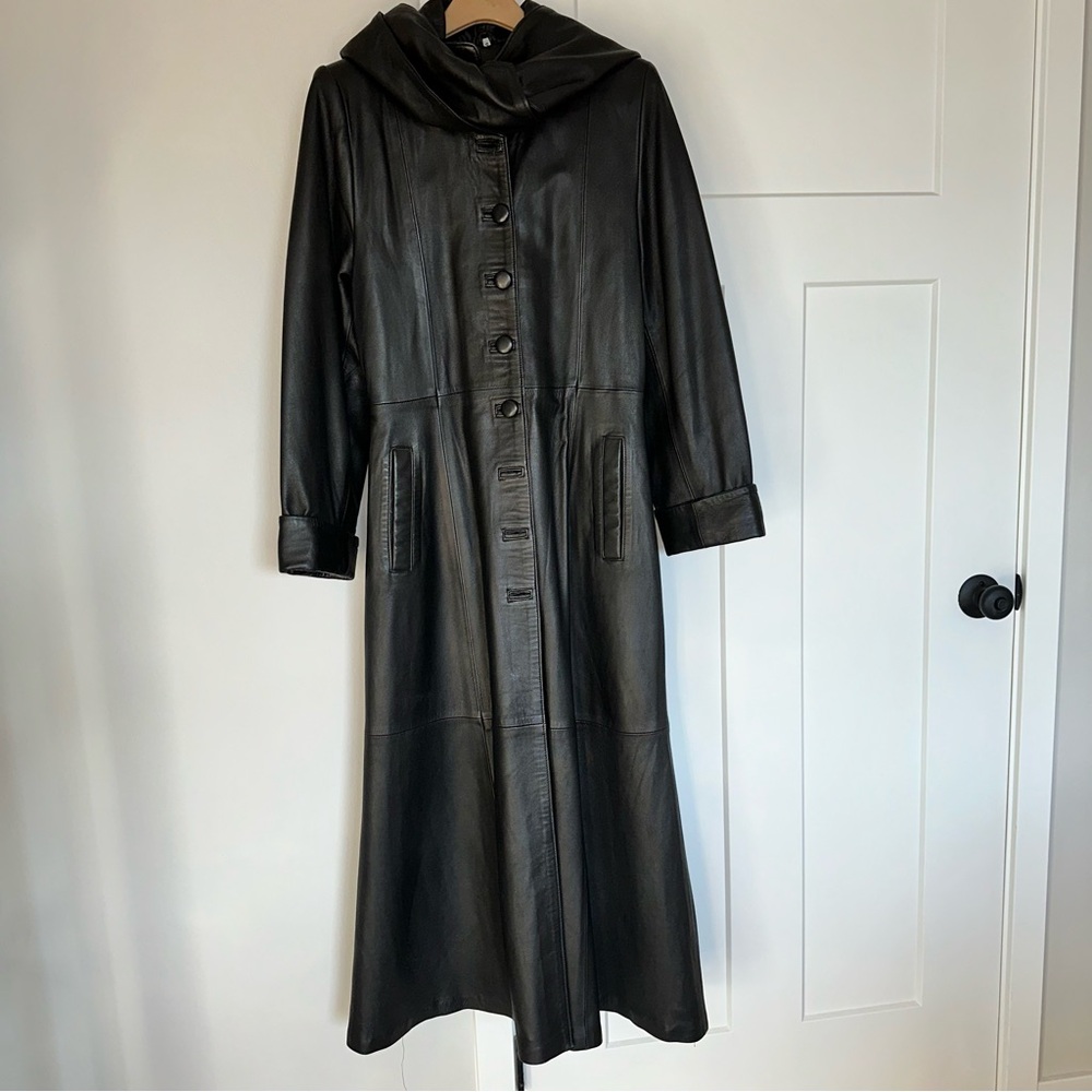 Besikler European Belted Full Length Leather Trench Coat Black size S - Picture 9 of 12